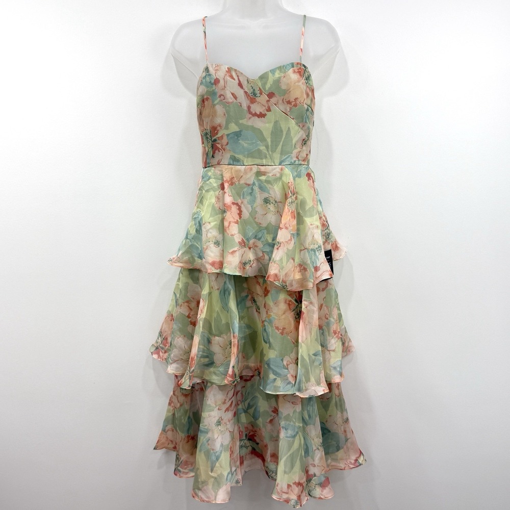 Lulus Darling Aesthetic Green Floral Tiered Midi Dress XS NWOT Garden Fairy